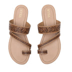 Pair of Myra Point Ridge tan leather sandals with floral hand-tooled straps and toe loops, viewed from above.
