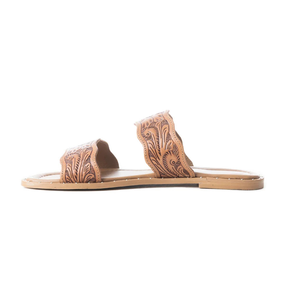 Opposite side view of Myra Santa Fe Daisy tan leather sandal with Western scrollwork on the straps.