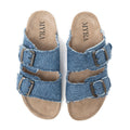 Top view of Myra Blue Ridge Denim Sandals with frayed blue denim straps, double metal buckles, and tan footbeds.