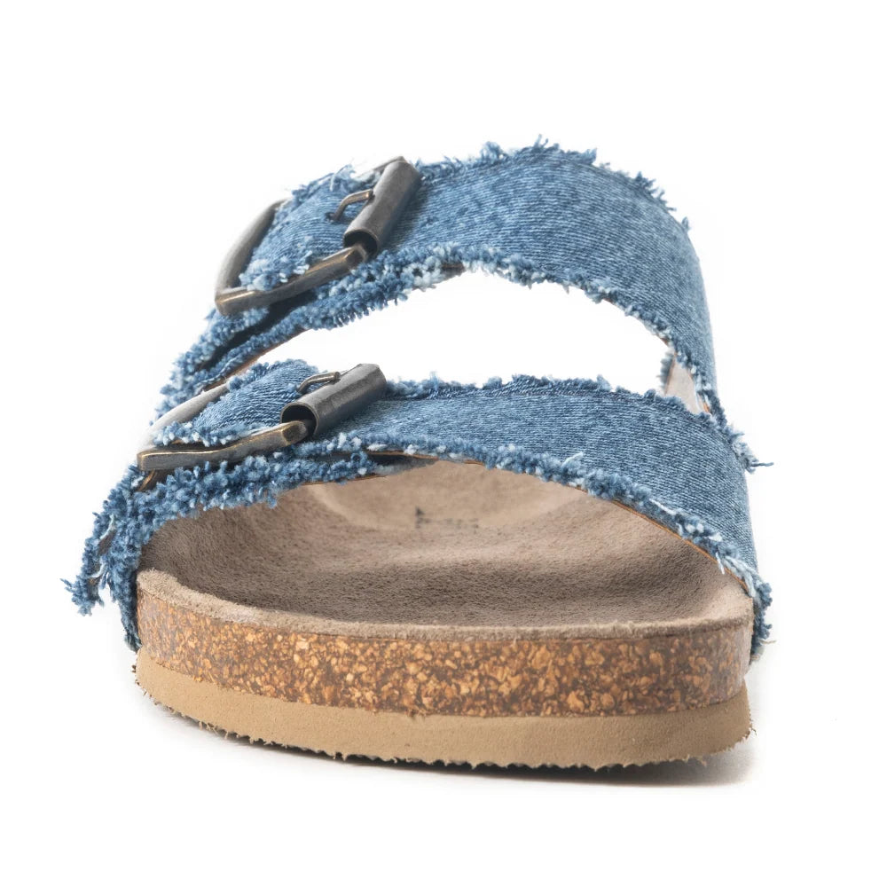 Front close-up of a Myra Blue Ridge Denim Sandal showing double buckle straps, frayed edges, and a contoured tan footbed.