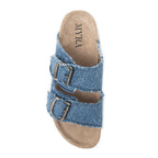 Overhead view of a single Myra Blue Ridge Denim Sandal with two blue denim buckle straps and a tan footbed.