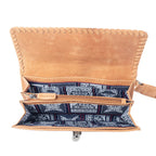Hairon leather wallet with whipstitched edging and clasp closure