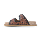 Side view of a Myra Canyon Ember sandal showing brown floral tooling on black leather and a low-profile sole.