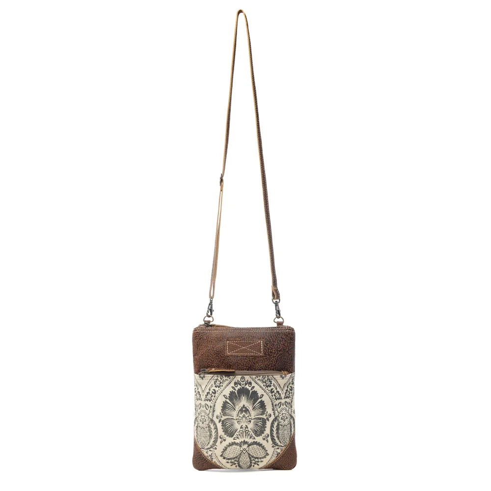  Myra Soul Searcher floral canvas and brown leather crossbody bag with its full adjustable shoulder strap
