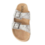 Top view of one Myra Lazy Days sandal with black-and-white cowhide straps and two silver-tone buckles.