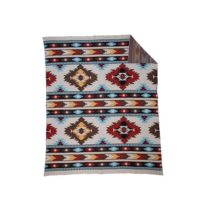 Throw blanket with burgundy and brown diamond medallions, turquoise accents, and horizontal patterned bands.