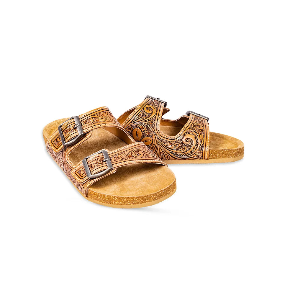 Front and side view of Myra Darla Trail sandals showing caramel leather straps and Western floral tooling.