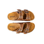 Top view of Myra Darla Trail sandals showing adjustable buckle straps and Myra-branded footbeds.