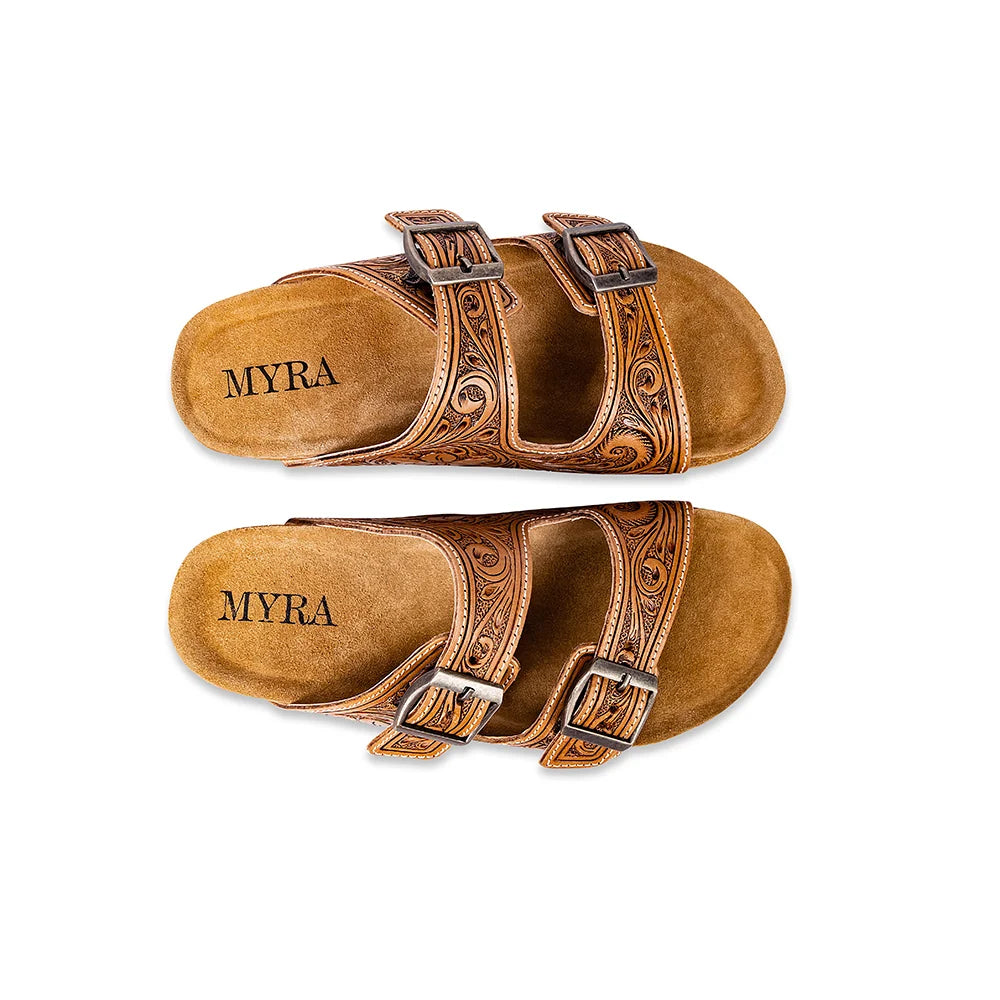 Top view of Myra Darla Trail sandals showing adjustable buckle straps and Myra-branded footbeds.