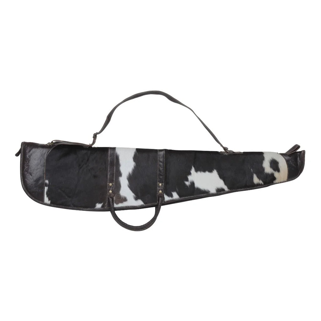 Single Shot 50-inch black and white hair-on leather gun cover S-4804 with carrying handle and shoulder strap