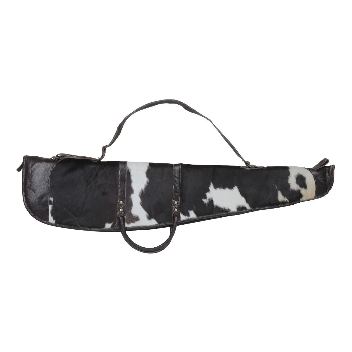 Single Shot 50-inch black and white hair-on leather gun cover S-4804 with carrying handle and shoulder strap