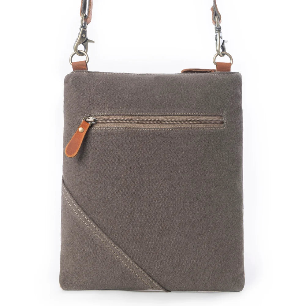 Back view of USA Canvas Patch Crossbody Bag S-8050 with gray upcycled canvas and zippered pocket