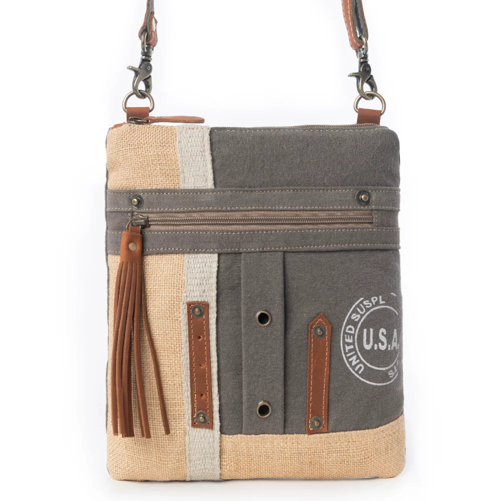 Myra USA Canvas Patch Crossbody Bag S-8050 with upcycled canvas and genuine leather details from DeKalb Farmers Co-op