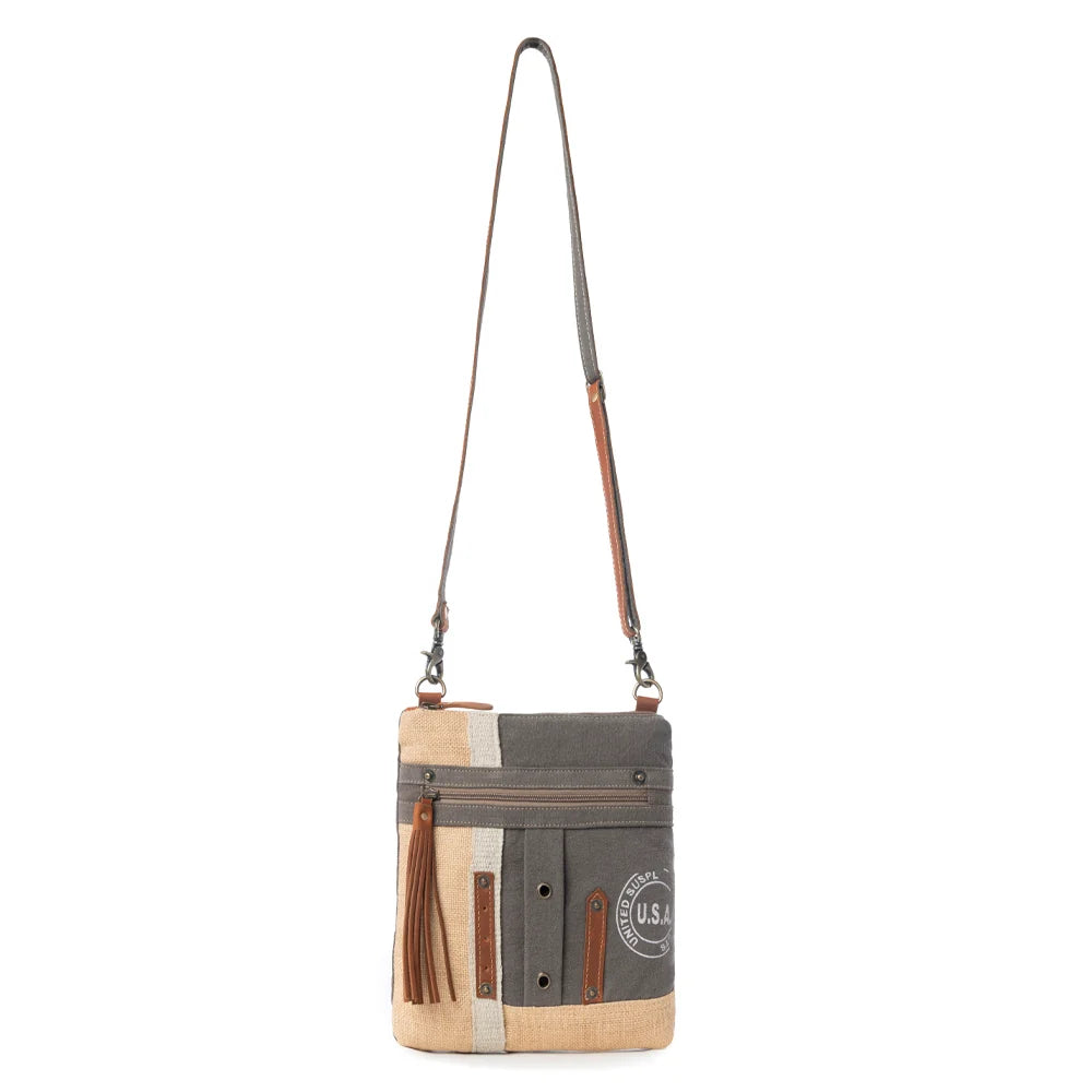 USA Canvas Patch Crossbody Bag S-8050 with 22-inch shoulder strap and genuine leather accents