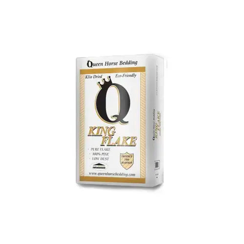 Queen Horse Bedding King Flake bag with a white and gold label and large crowned Q logo.”