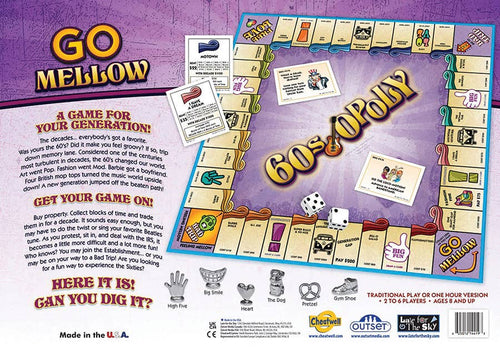 Back of 60s-Opoly board game box showing the game board, cards, tokens, and 1960s gameplay