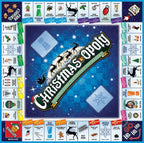 Christmas-Opoly game board featuring holiday traditions, Christmas gifts, candy canes, snowmen, and reindeer