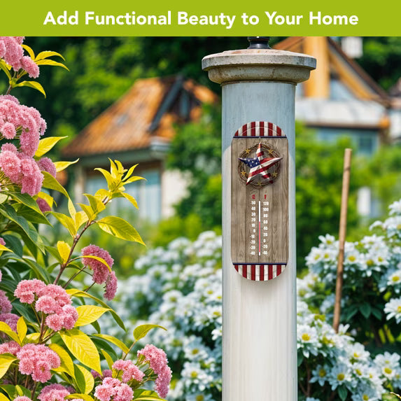 American Barnstar thermometer mounted on a white garden post among pink and white flowers.