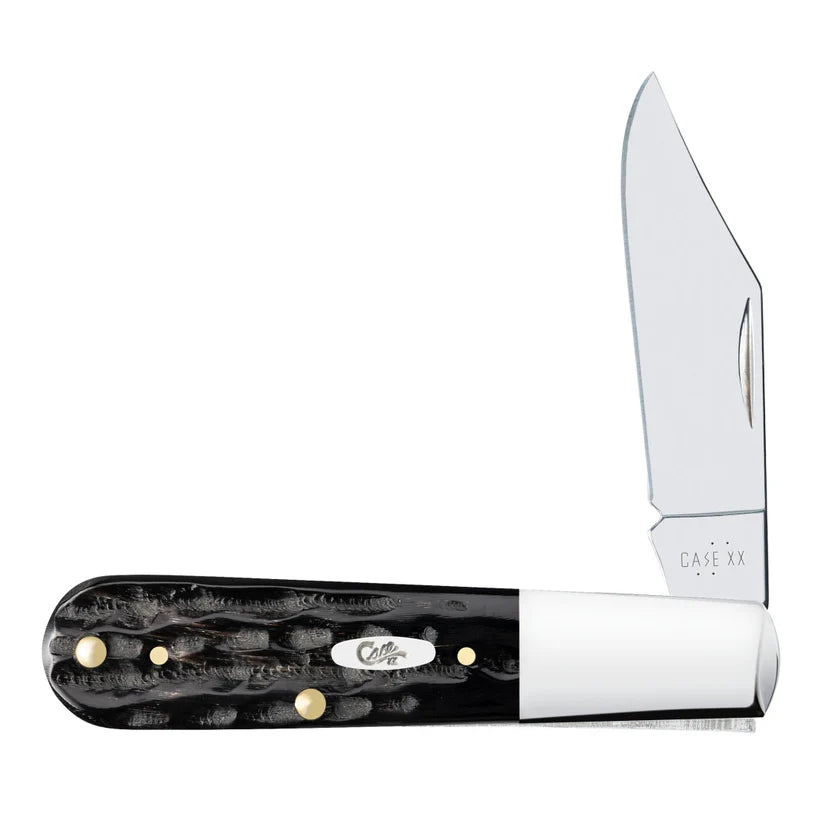 Case Jigged Buffalo Horn Barlow knife with Clip blade partially open and oval Case shield