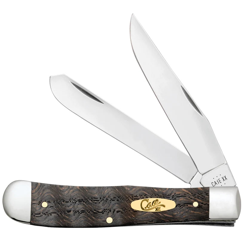 Case Smooth Black Curly Oak Wood Trapper knife with Clip and Spey blades open