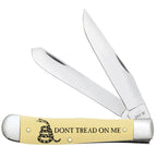 Case Don’t Tread on Me Trapper with yellow synthetic handle, coiled rattlesnake, and two open stainless steel blades