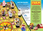 Farm Snakes and Ladders game board with farm animal pawns, numbered spaces, ladders, slides, and spinner