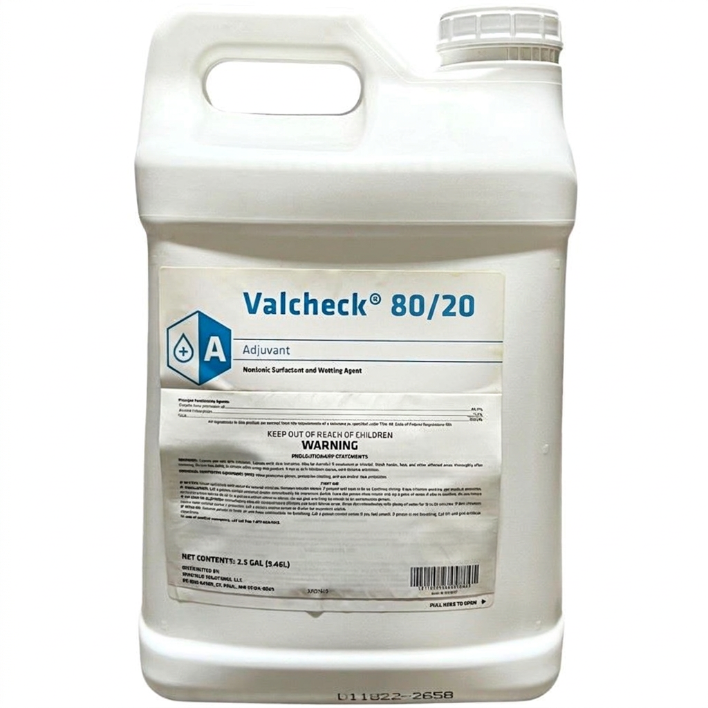 Valcheck 80/20 nonionic surfactant and wetting agent in a white 2.5-gallon jug with a handle and front label.