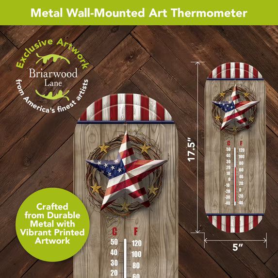 American Barnstar metal thermometer detail and size graphic showing 17.5 inches tall by 5 inches wide.