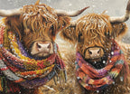 Brrr! puzzle artwork showing two Highland cows wearing rainbow scarves in a snowy winter scene