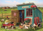 The Happy Hen House puzzle artwork showing a turquoise hen house, chickens, roosters, chicks, flowers, and a farm landscape