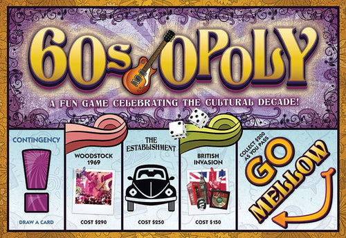 60s-Opoly board game board featuring Woodstock, British Invasion, mod culture, and 1960s themes