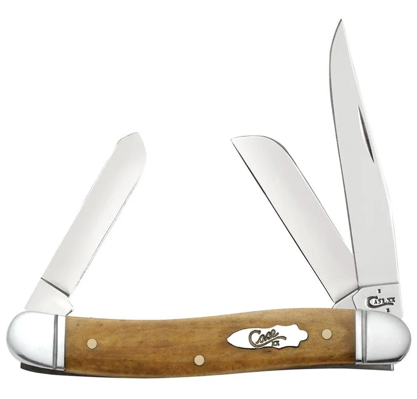 Case Smooth Antique Bone Medium Stockman pocket knife with three blades open on a white background