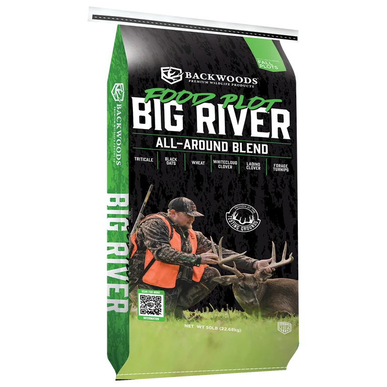 Backwoods Big River all-around food plot seed blend in a black and green 50 lb bag