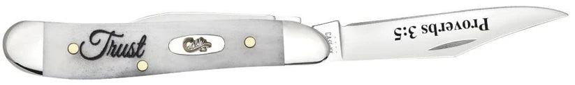 Case Trust Peanut pocket knife, side view with one blade open and the Proverbs 3:5 verse on the blade