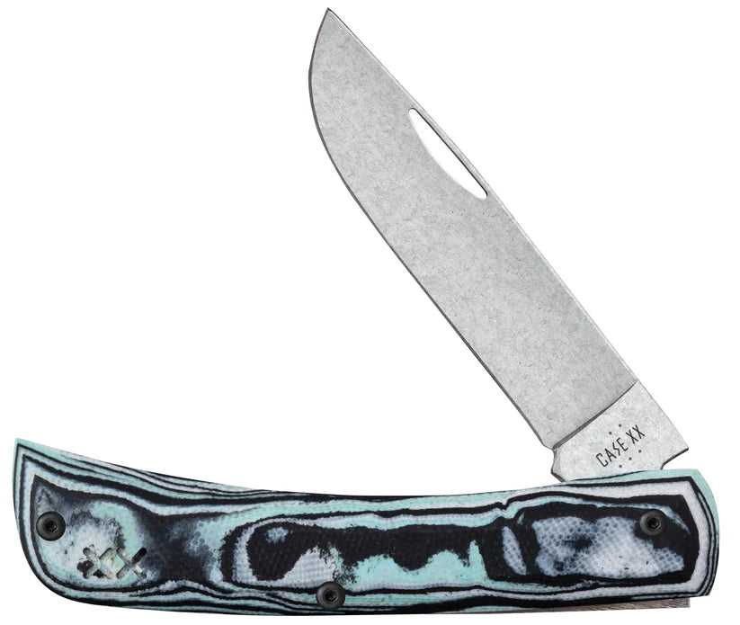 Case XR Sod Buster Jr. Seafoam Green Burl G-10 knife with Skinner blade partially open