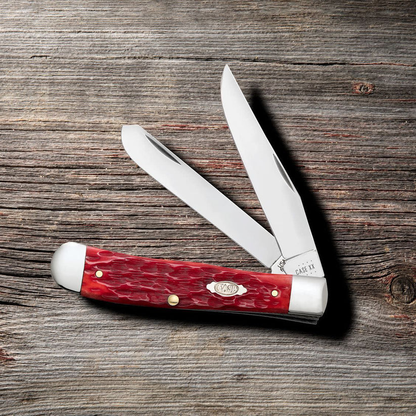 Case 31957 Dark Red Bone CS Trapper pocket knife with Clip and Spey blades open