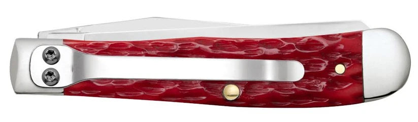Case 31957 Dark Red Bone CS Trapper pocket knife showing metal pocket clip