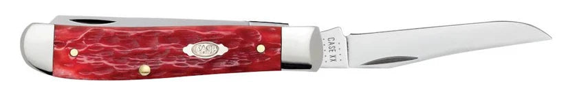 Case Peach Seed Jig Dark Red Bone CS Mini Trapper pocket knife with Clip blade open