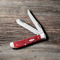 Case Peach Seed Jig Dark Red Bone CS Mini Trapper pocket knife with Clip and Spey blades open