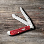 Case Peach Seed Jig Dark Red Bone CS Mini Trapper pocket knife with Clip and Spey blades open