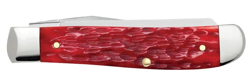 Case Peach Seed Jig Dark Red Bone CS Mini Trapper pocket knife showing jigged bone handle