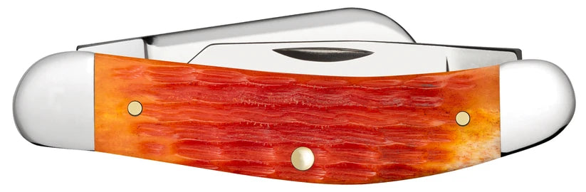 Reverse side of closed Case Tequila Sunrise Bone Sowbelly with orange-red jigged handle