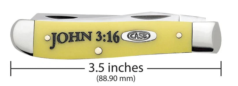 Case Religious Sayings Mini Trapper knife with yellow synthetic handle engraved “John 3:16” and measurement