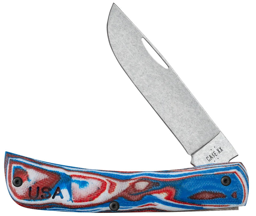 Case XR Sod Buster Jr. Red White Blue G-10 knife with Skinner blade partially open and USA engraving