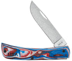 Case XR Sod Buster Jr. Red White Blue G-10 knife with Skinner blade partially open and USA engraving