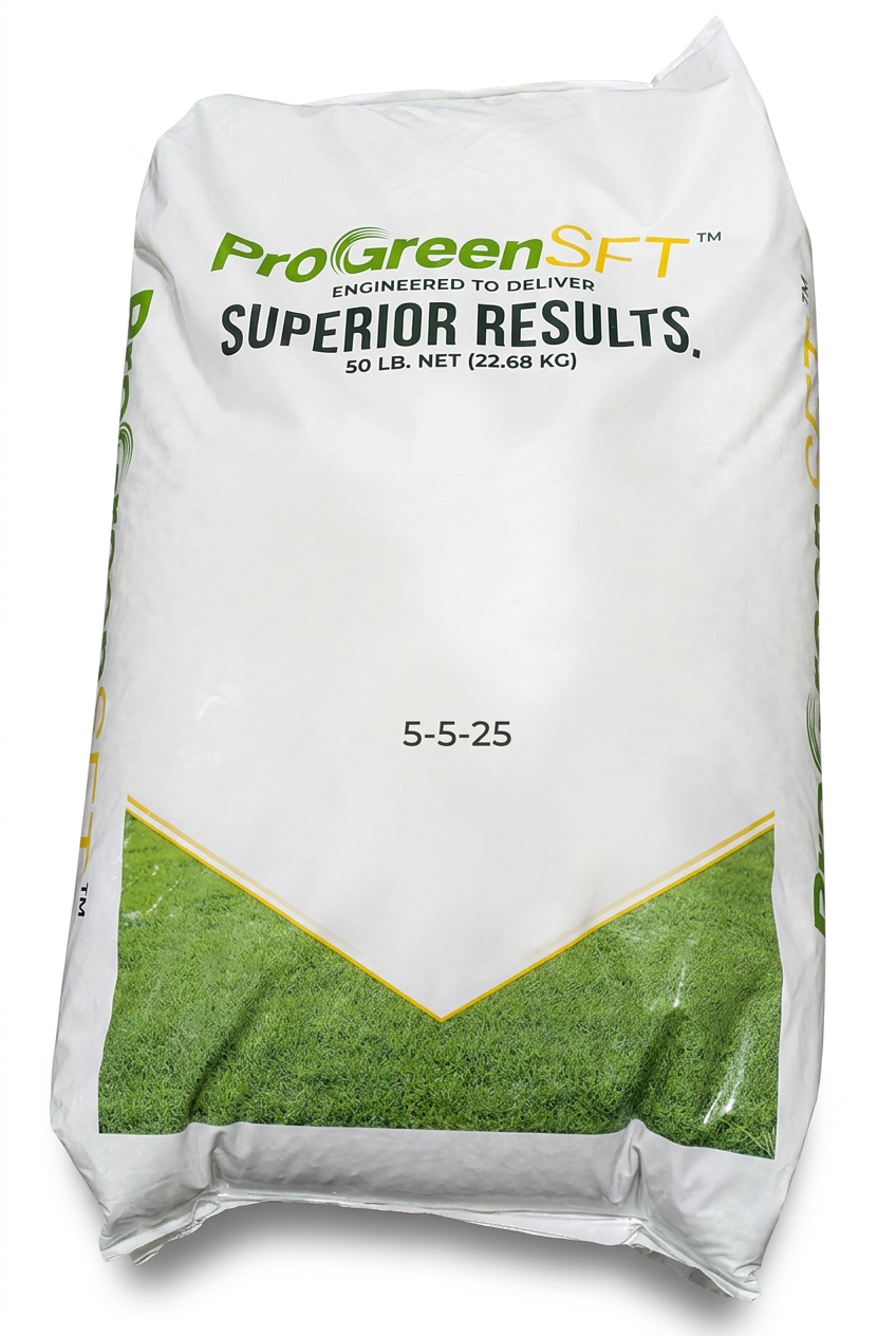 ProGreen SFT 5-5-25 fertilizer bag mockup with green and yellow graphics on a white background.