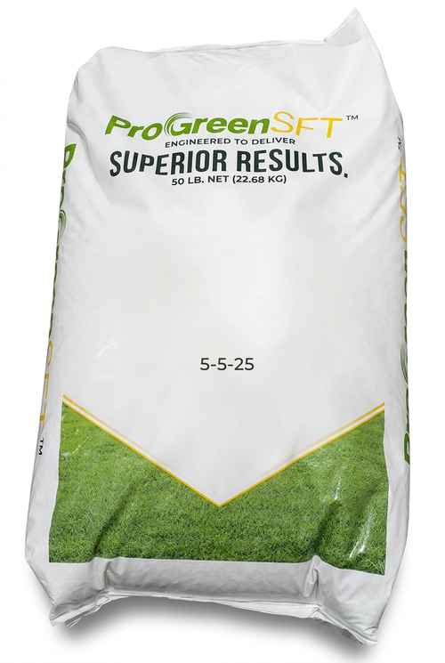 ProGreen SFT 5-5-25 fertilizer bag mockup with green and yellow graphics on a white background.