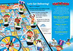 Christmas Snakes and Ladders game board with elf, reindeer, penguin, snowman, numbered spaces, ladders, slides, and spinner