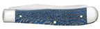 Reverse side of the closed Case Smooth Blue Sycamore Wood Trapper pocket knife showing blue wood grain and metal bolsters