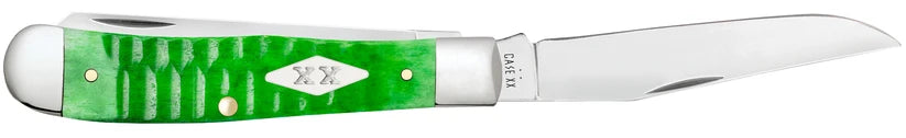 Case Gator Trapper knife with bright green bone handle and white blade on white background